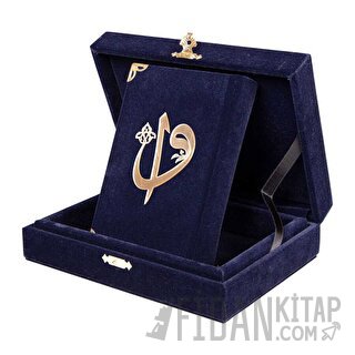 Kadife Kutulu Kur'an-ı Kerim (Büyük Cep Boy, Elif-Vavlı, Lacivert) (Ciltli)