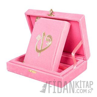 Kadife Kutulu Kur'an-ı Kerim (Büyük Cep Boy, Elif-Vavlı, Pembe) (Ciltli)