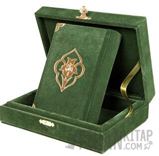 Kadife Kutulu Kur'an-ı Kerim (Büyük Cep Boy, Güllü, Yeşil) (Ciltli)