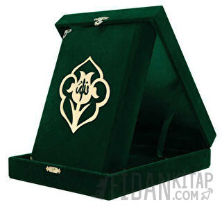 Kadife Kutulu Kur'an-ı Kerim (Rahle Boy, Güllü, Yeşil) (Ciltli)